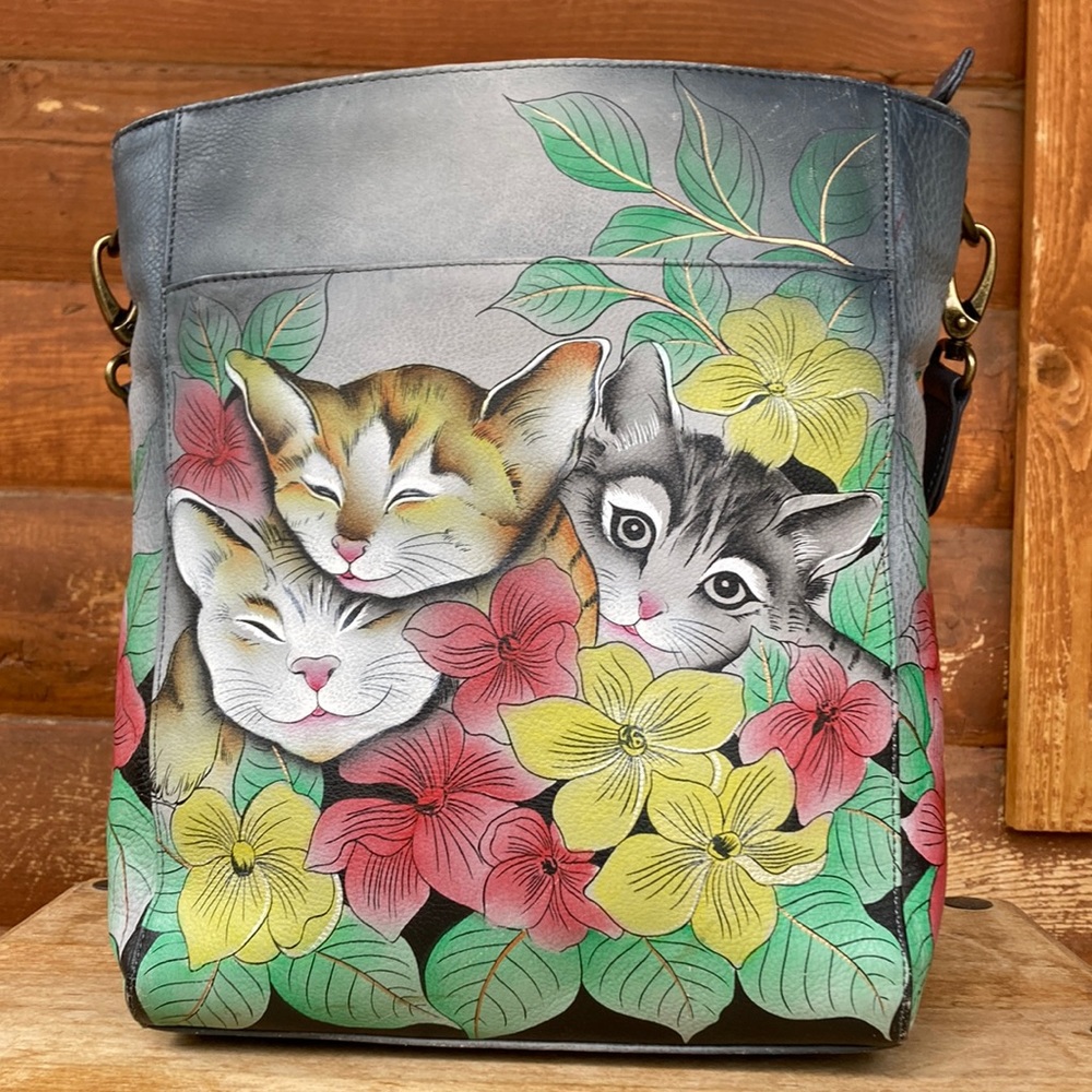 Anuschka Kitten Bag Gray Leather Hand Painted Cats and Flowers